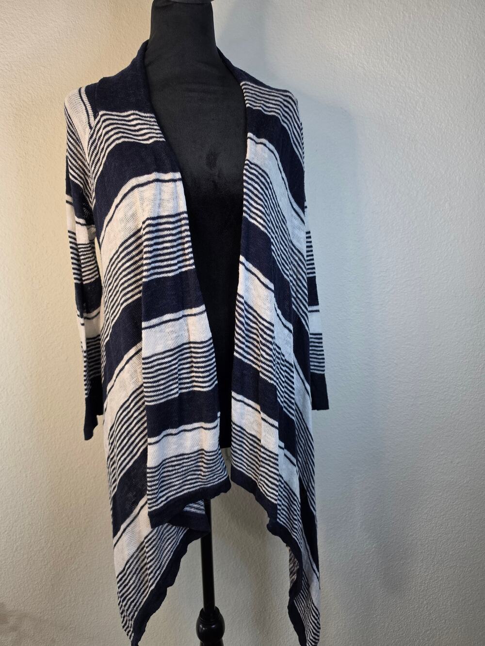 Navy & White Striped Open-front Lightweight Cardigan Draped Asymmetrical Hem